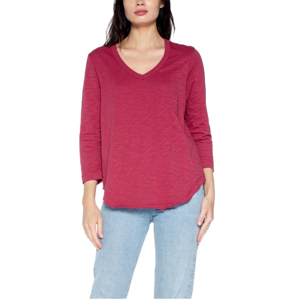 Chico's Cotton Slub Knit Pink Drop Shoulder Tunic Blouse Quarter Sleeve V Neck